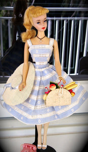 Barbie x Unique Vintage Blue & White Suburban Shopper Sundress